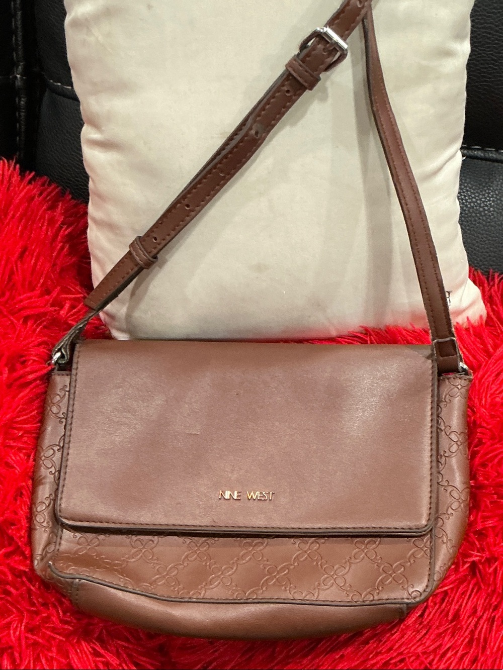 Nine West Brown Embossed Leather Crossbody Bag